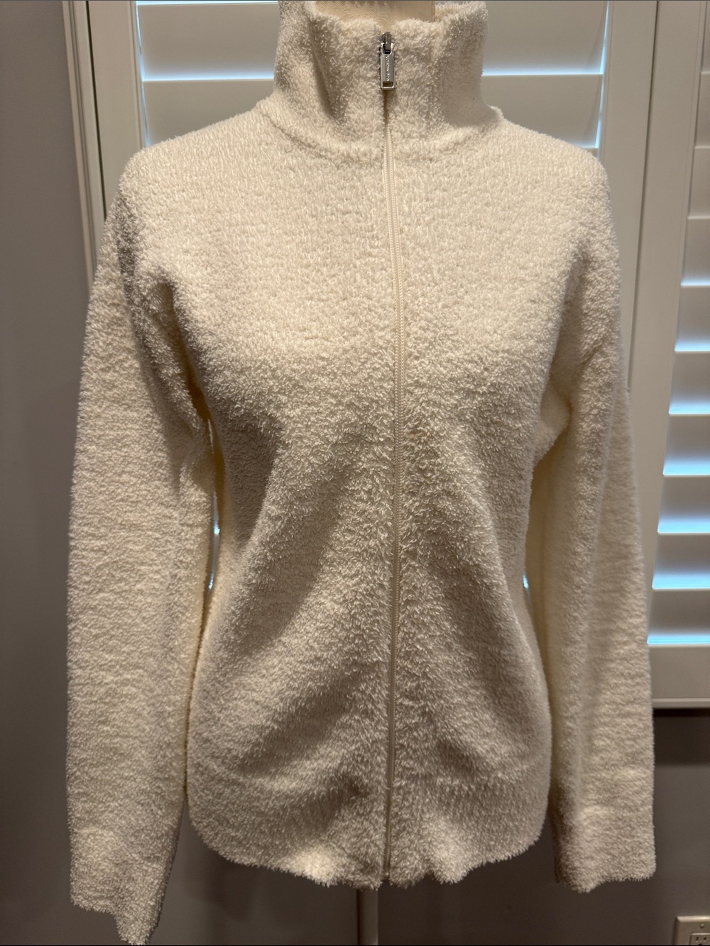 Women's Cream Teddy Zip-Up Jacket with Stand Collar